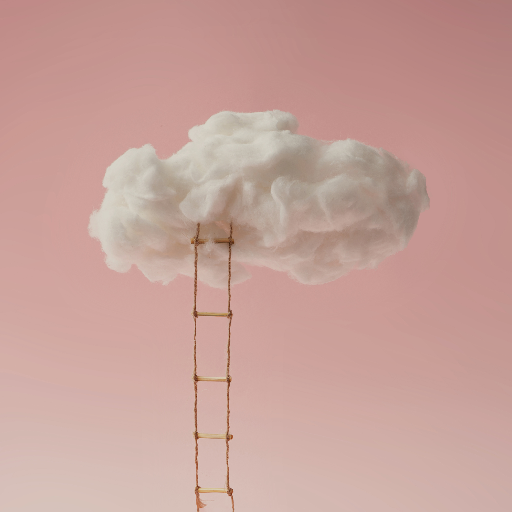 Step ladder leading to clouds . Growth, future, development concept. Minimal pink compostition.